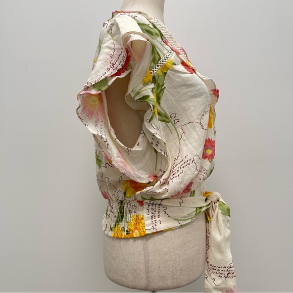 Calypso St. Barth Floral Wrap Ruffle Linen Blend Natural Shirt Size Large - Picture 8 of 11